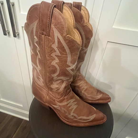 Justin Cowboy Boots Tan Leather Heeled - Picture 2 of 7